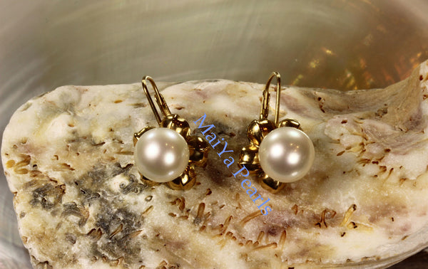 Earrings - 14k Yellow Gold Stunning AAA Off-White Freshwater Pearls on