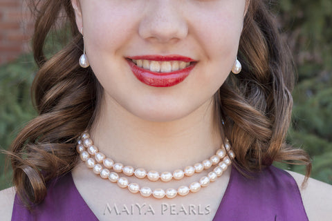 Necklace - 2-Strand AA+ Large Oval Freshwater Pearls & 925 Sterling Silver (available in Peach and Lavender)