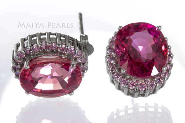 Stud Earrings - Pink Orange Sapphire & 925 Sterling Silver Clasp