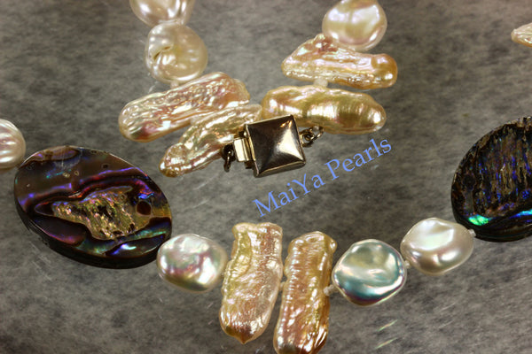 Necklace - Paua Sea Shell Natural & Cultured White Keshi Pearls